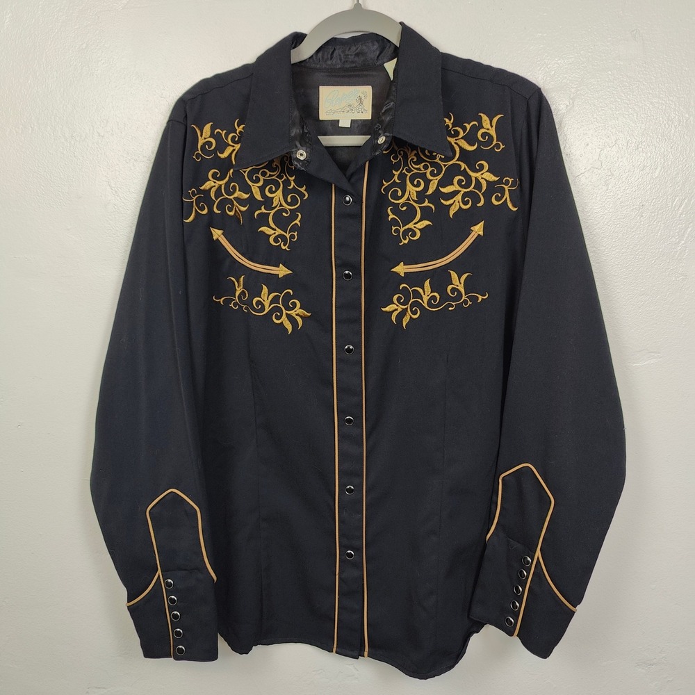 Roper Western Top Womens Plus Size 1X Black Gold Embroidered Rose Cross Snap - Picture 2 of 9